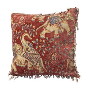Vtg Handmade Elephant Tapestry Pillow Beaded Fringe Tassels Trunks Up Good Luck